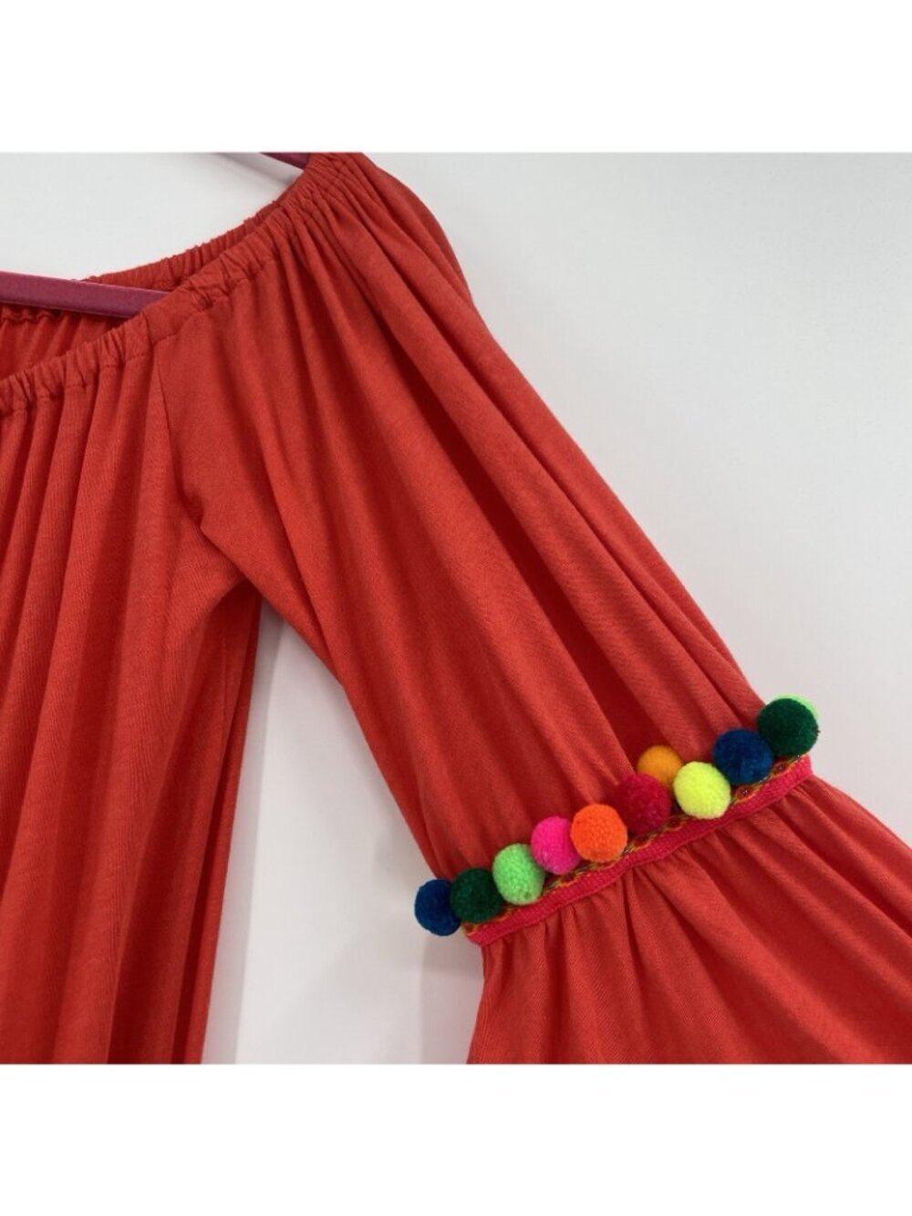 PITUSA Off The Shoulder Gypsy Maxi Dress In Orange One Size Pom Poms Boho Knit - Picture 11 of 16